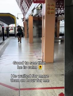 On Sept 25, 2024, a woman found her son who has autism waiting (left) at Jurong East MRT Station even though there were no train services. A tag on his bag (right) helped a station worker to call the boy's parents.
